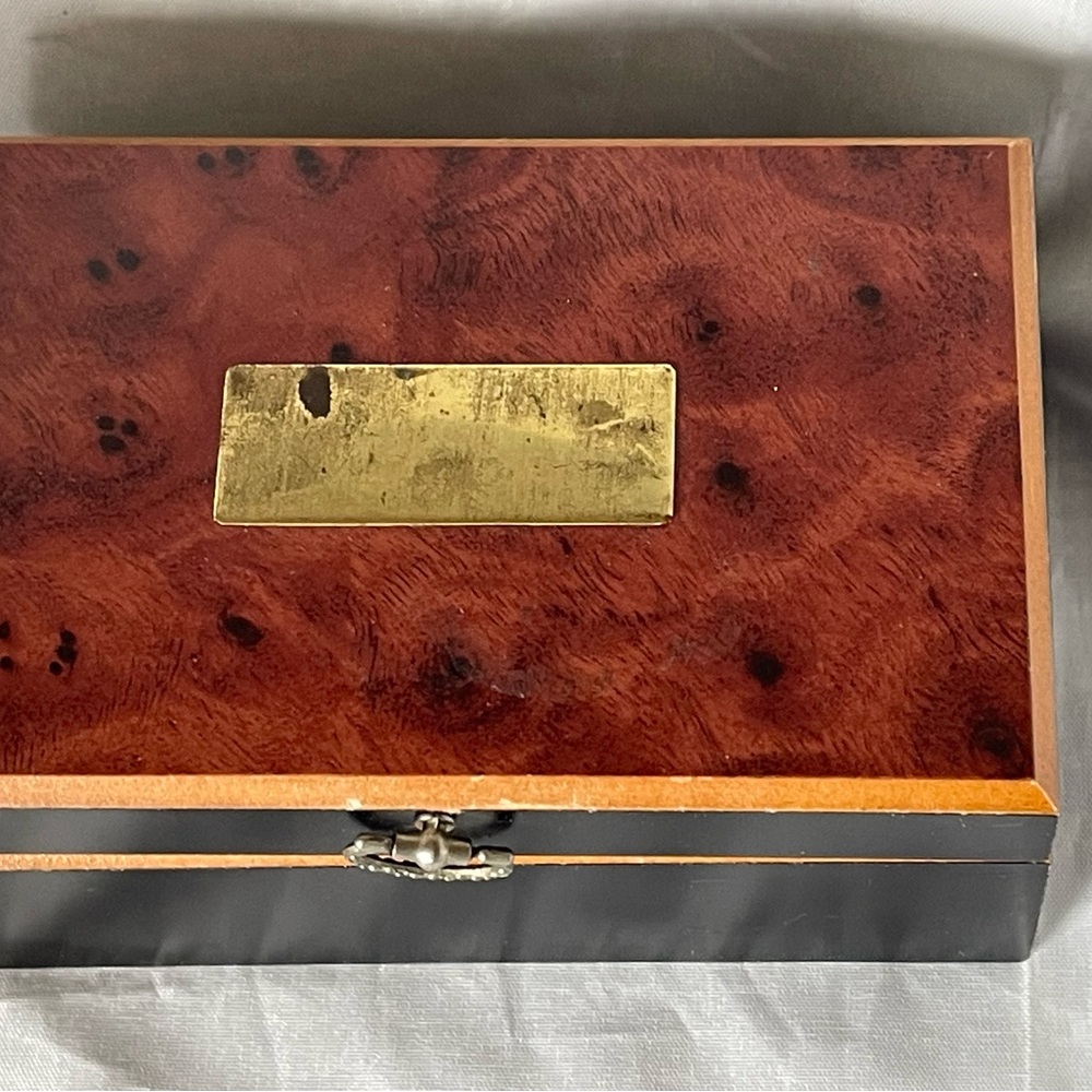 Vintage HN Powell Jewelry Box Size  6 1/2” x 4”x 3”x.Wood, Chestnut And Black.